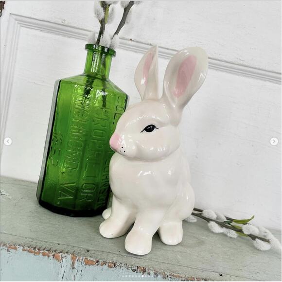 Vintage White Bunny Rabbit Statue Figurine Ceramic Handmade Large 1980 - Picture 6 of 10
